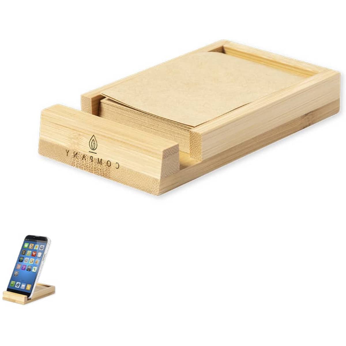 A bamboo notepad holder with a tray for papers and a slot for a smartphone, featuring a natural wooden finish.