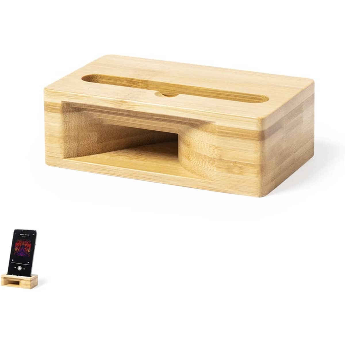 A bamboo phone stand featuring a slot for devices and a sleek, minimalist design, with a branding logo.