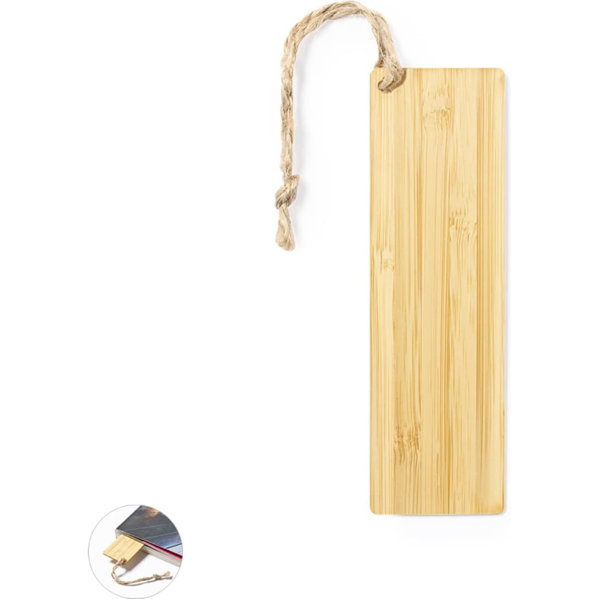 A bamboo bookmark with a natural finish and a woven string loop for easy attachment.