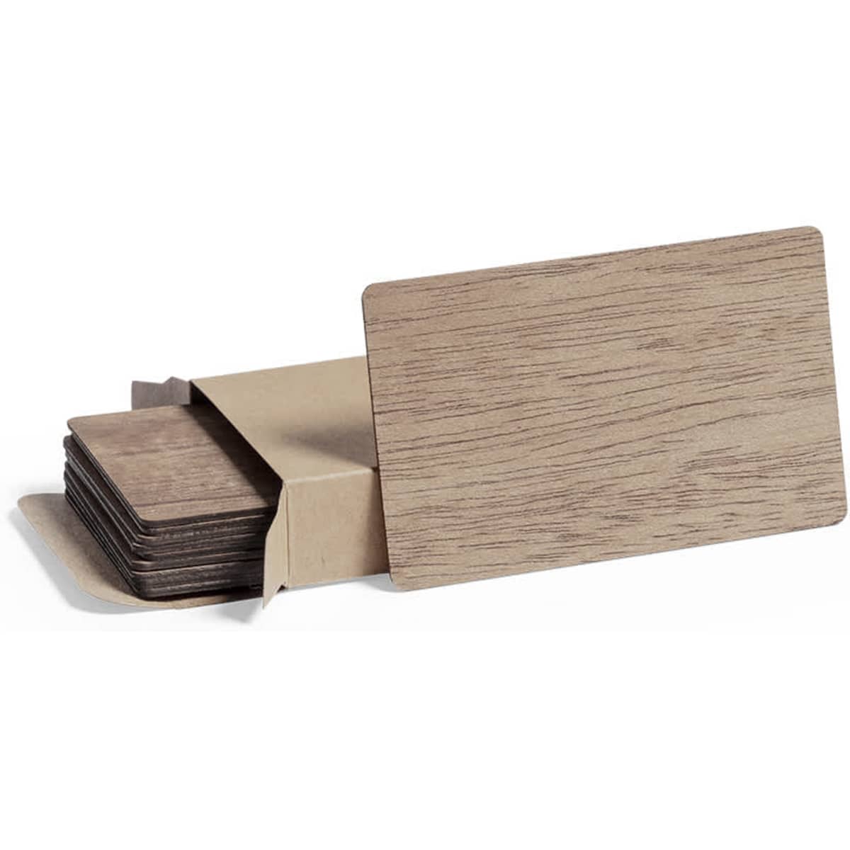 A set of wooden business cards displayed in a brown kraft paper box. The cards have a natural wood finish.