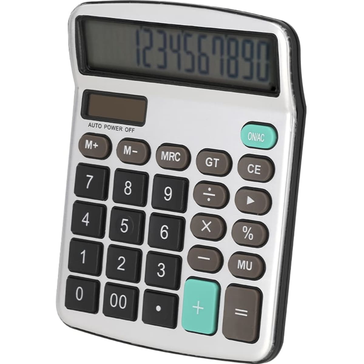 A silver and black calculator with an LCD display and a variety of buttons, including a logo.