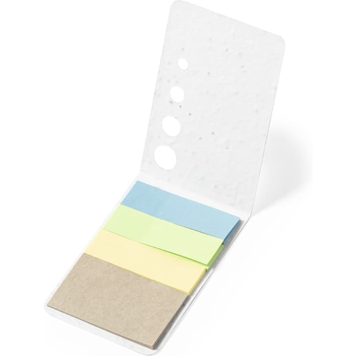 A foldable notebook with multiple sections of sticky notes in blue, green, yellow, and brown. It features a logo on the cover.