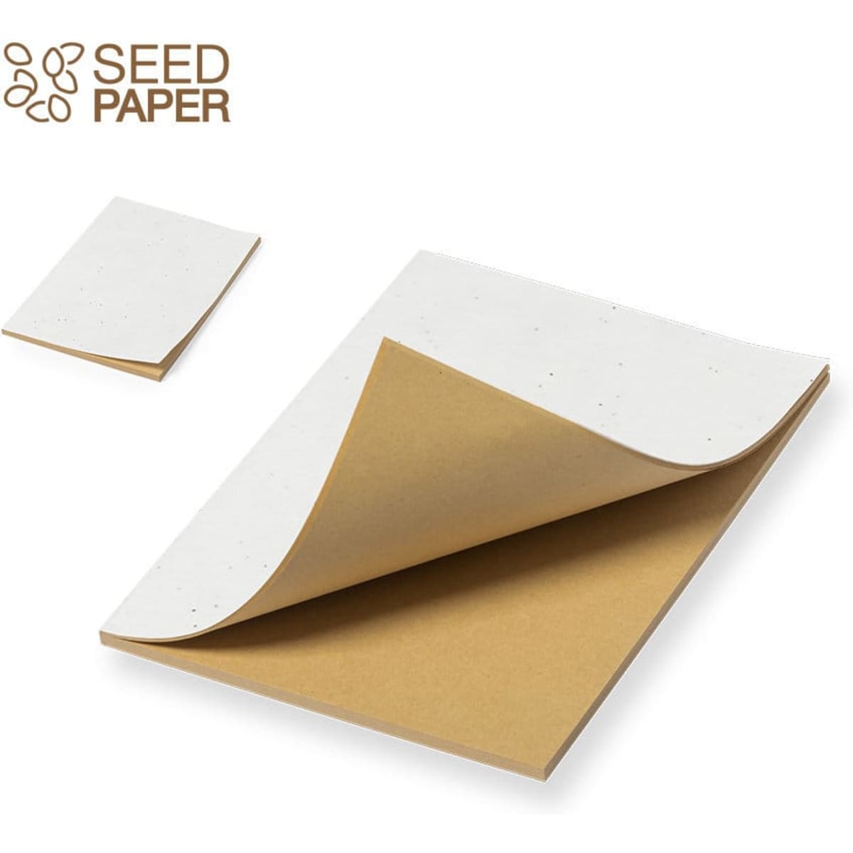 A notepad featuring seed paper with a white top sheet and a brown base sheet. Includes a small notepad.