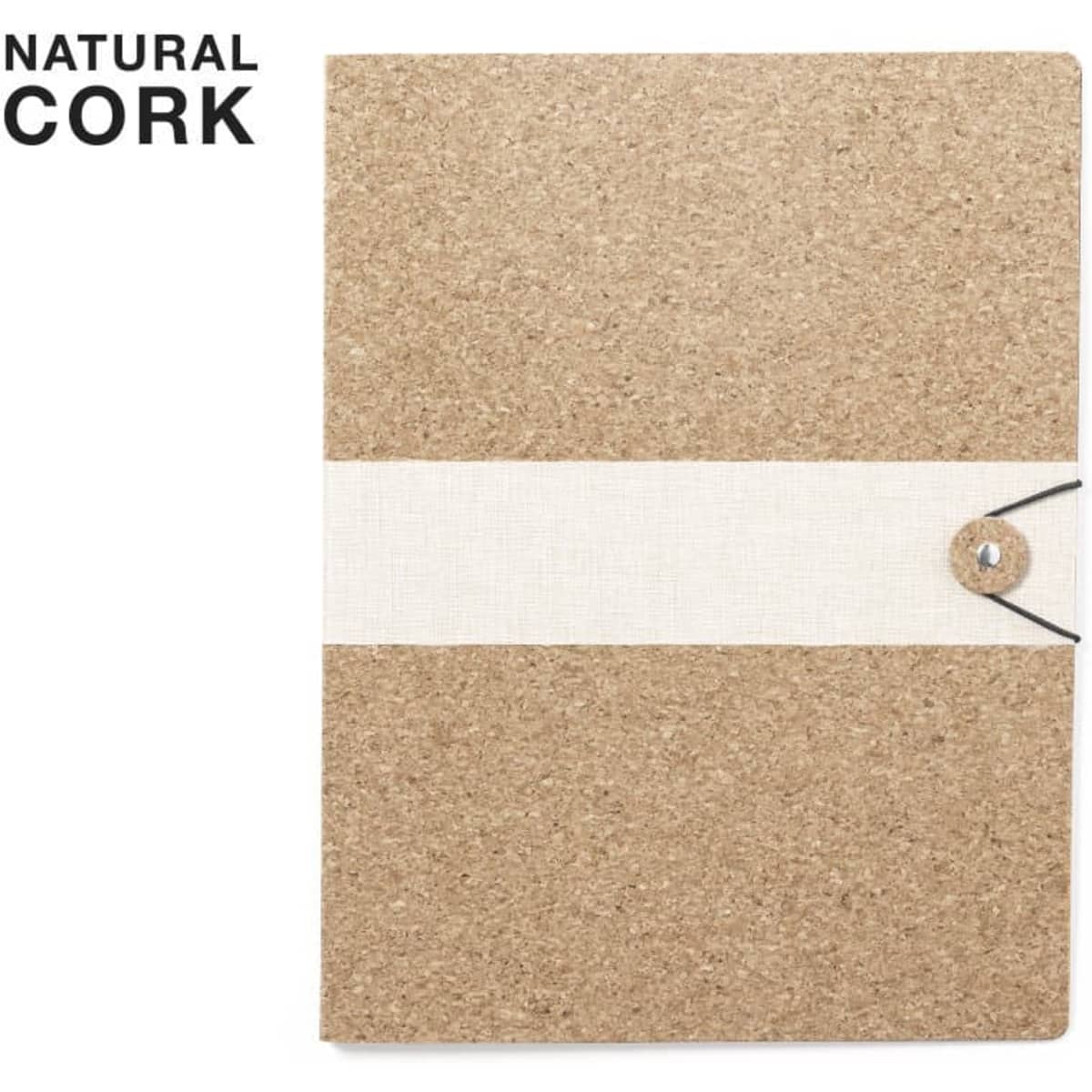 A natural cork folder with a cream band and a button closure, featuring a simple, textured design.