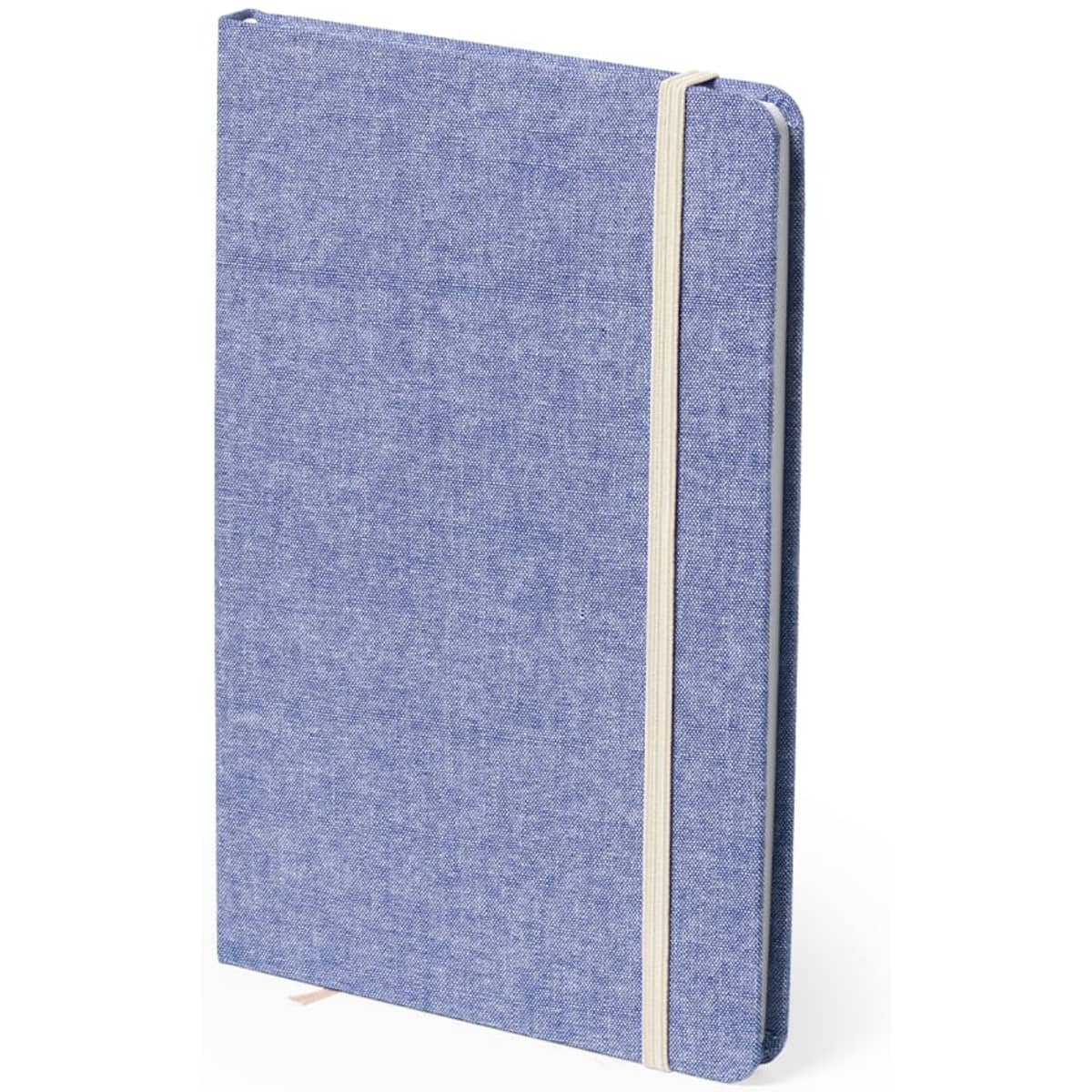 A blue notebook with a textured cover and an elastic band. It features a branding logo on the front.