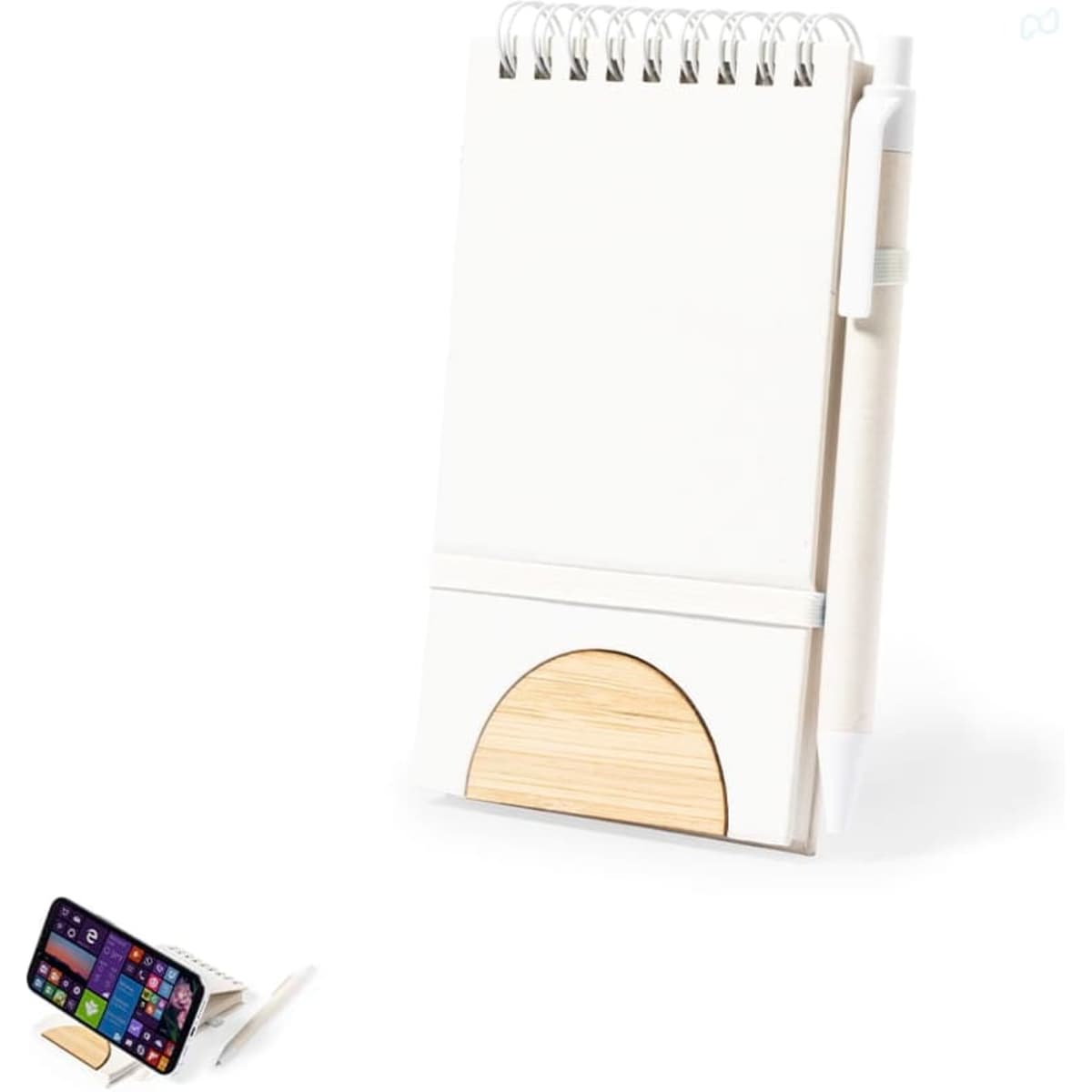 A white spiral notebook with a wooden base and a pen holder, featuring a stand for a smartphone.