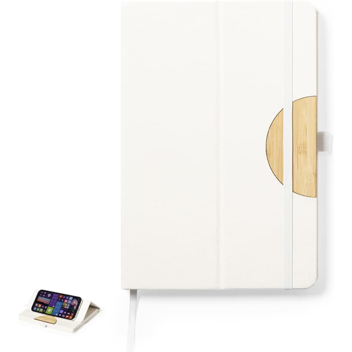 A white Torya Notebook with a bamboo detail and an elastic closure, featuring a logo on the cover.