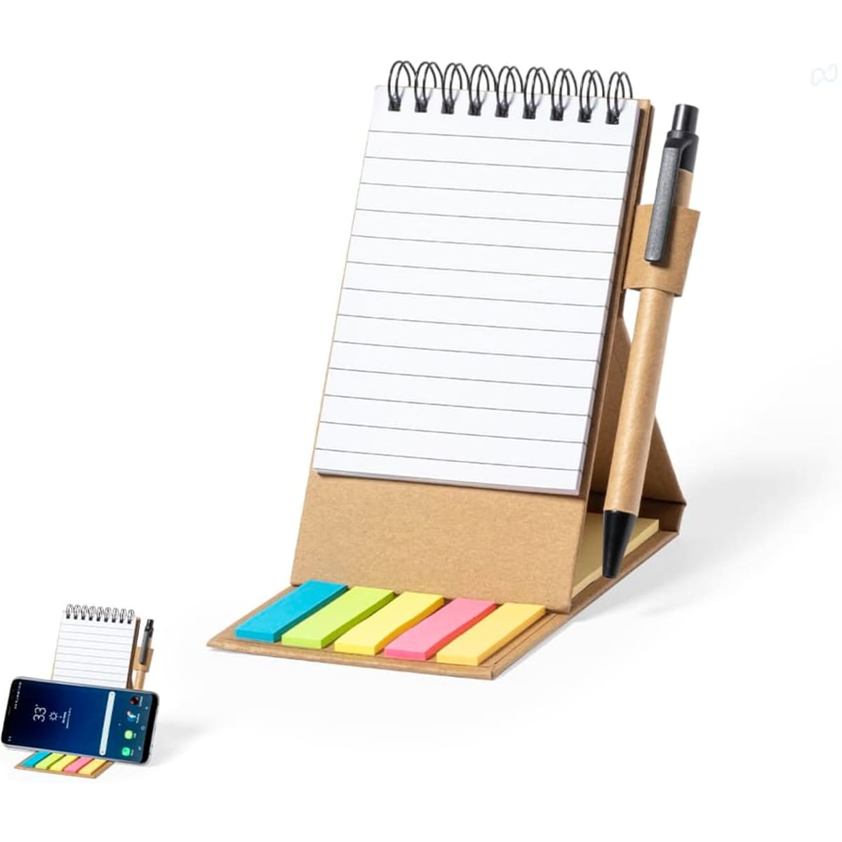 A notebook stand with a spiral-bound pad, pen, and colourful sticky notes in pink, yellow, green, and blue.