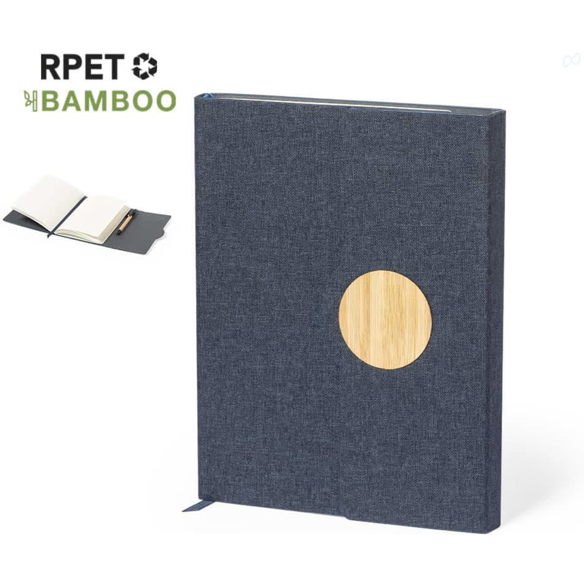 A blue notepad with a circular bamboo accent, featuring a textured cover and a logo on the top left.