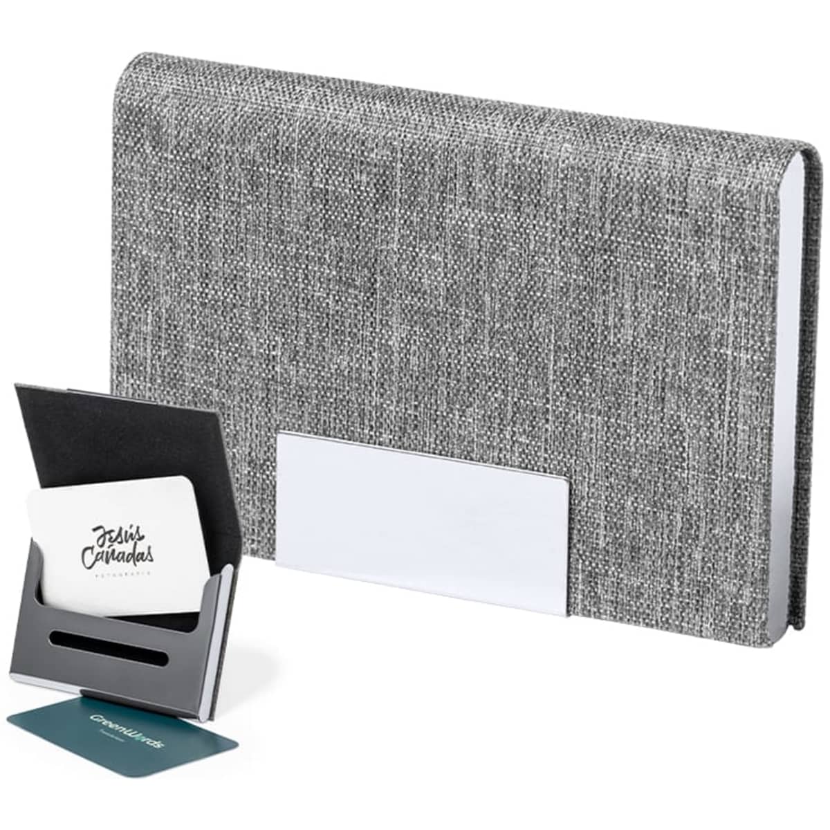 A grey business card holder set, featuring a textured case and a removable black card holder inside.