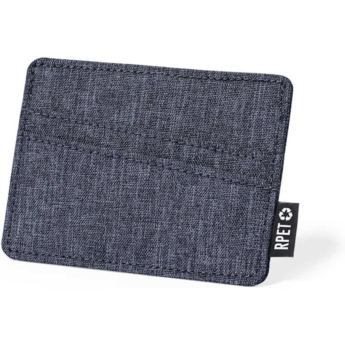 A dark grey business card holder with a textured finish and a branding tag. Features multiple card slots.