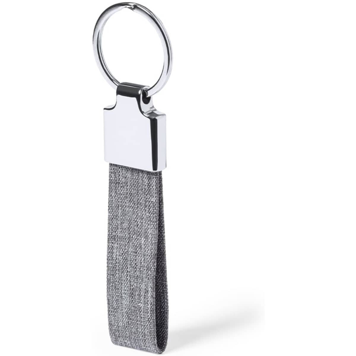 A grey fabric keyring with a silver metal accent. The keyring features a circular attachment.