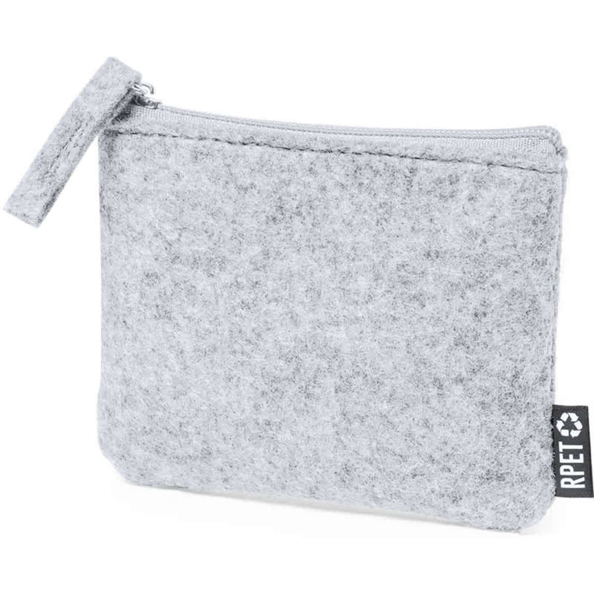 A grey felt pouch with a zip closure and a small tag. Suitable for carrying small items.