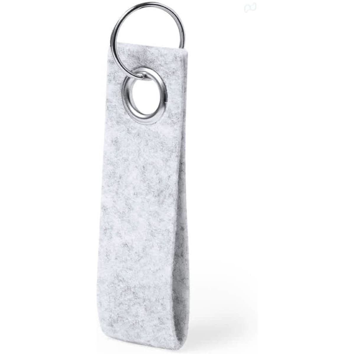 A grey felt keyring with a metal ring, designed for holding keys and featuring a branding logo.
