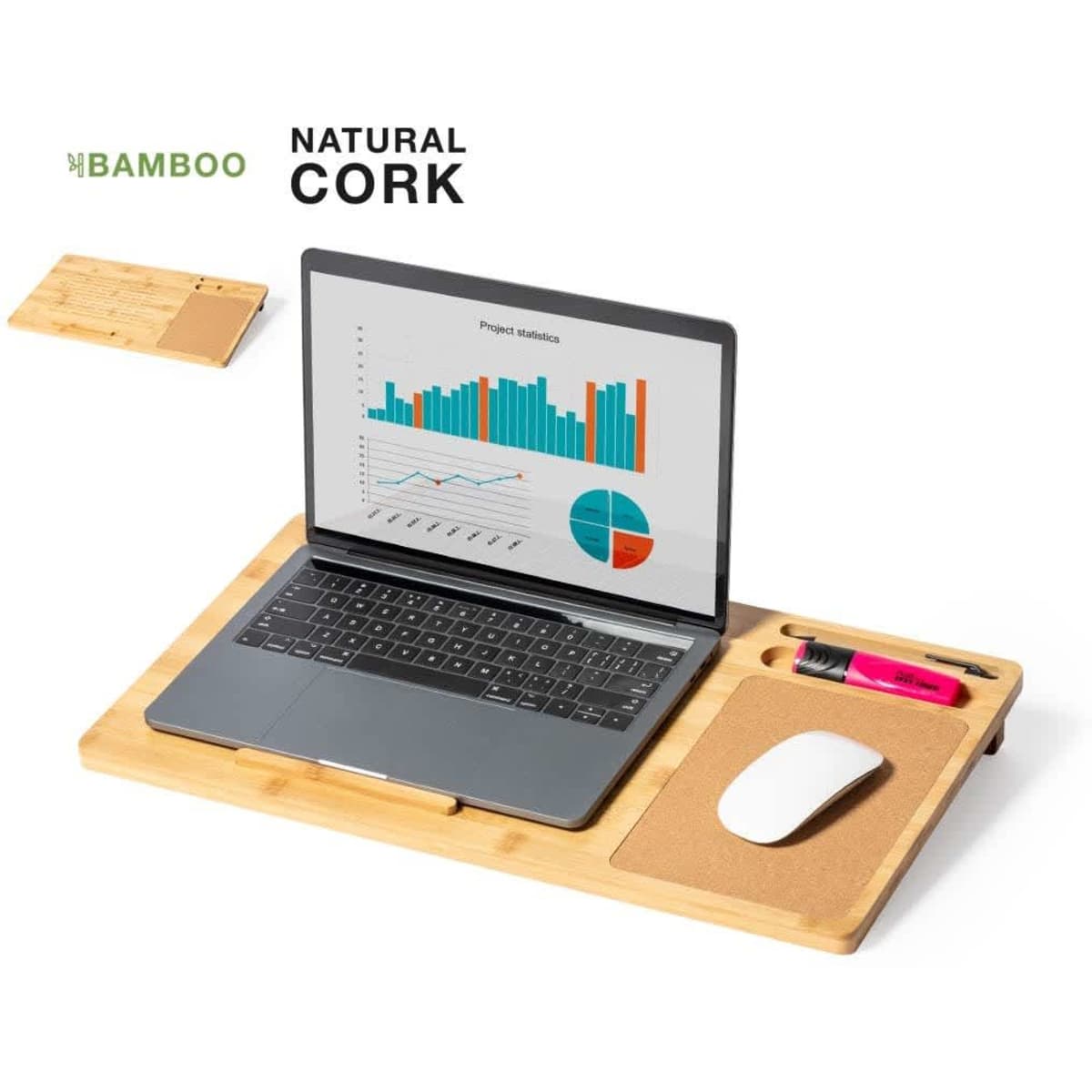 A bamboo mousepad with a cork section, featuring a laptop displaying graphs, a mouse, and a pen.