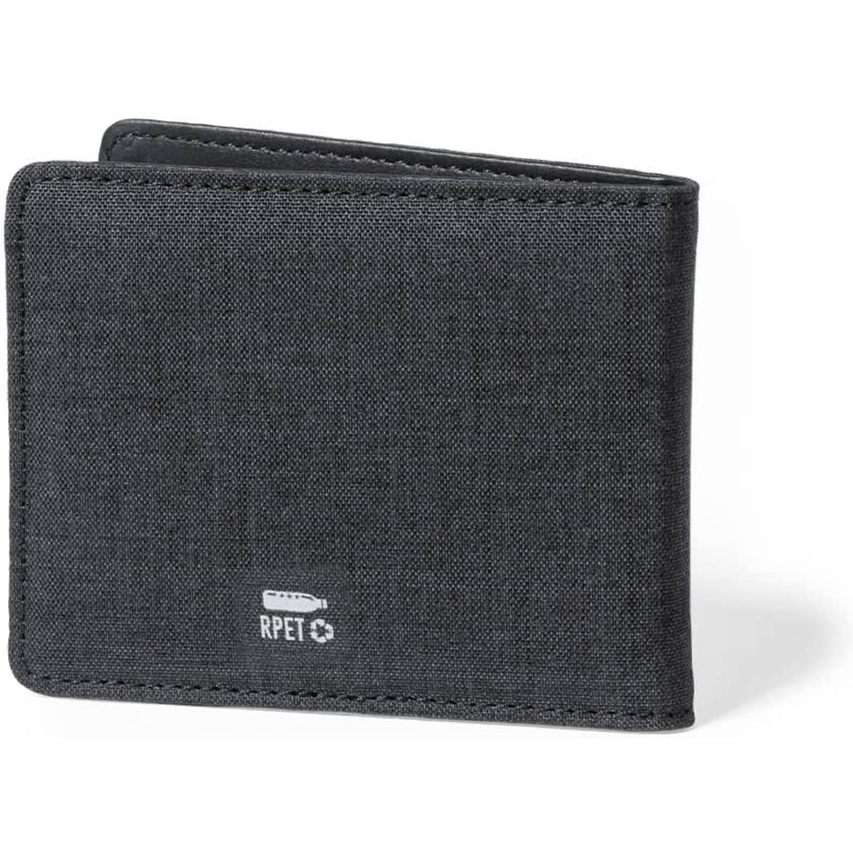A black wallet made from recycled materials, featuring minimal design and a logo on the front.