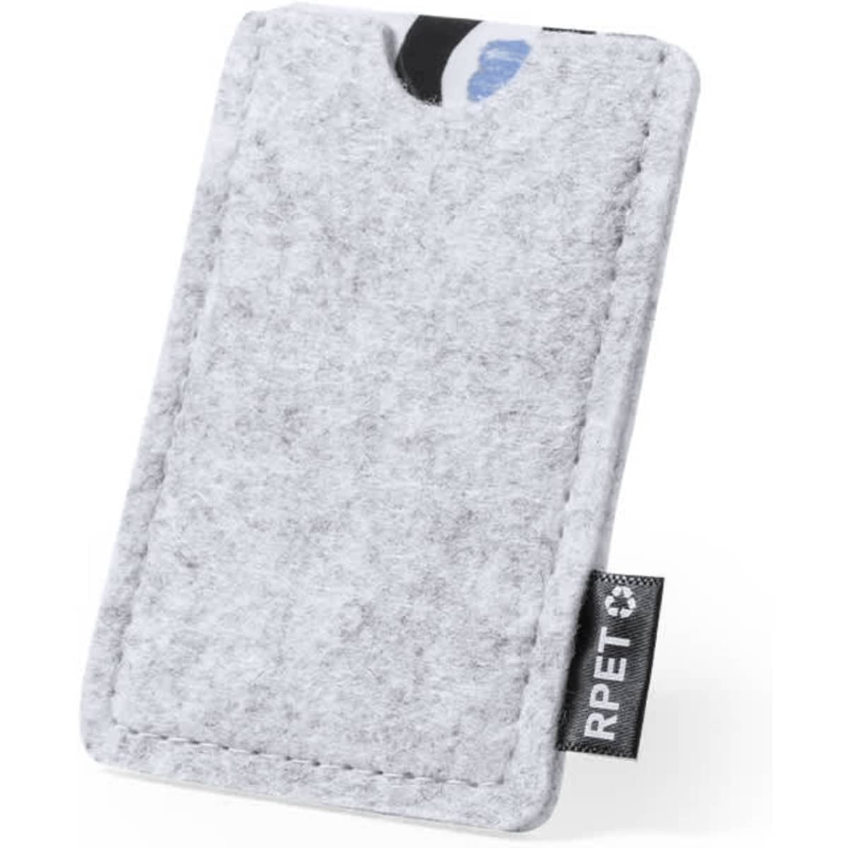 A grey felt business card holder with a black tag. It features a sleek design for storing cards.