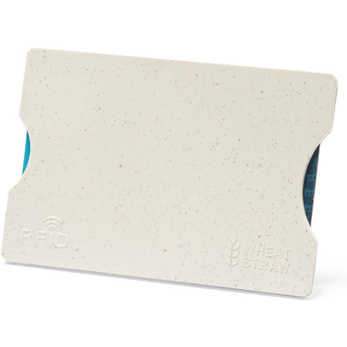 A white business card holder made from wheat straw, featuring an RFID blocking slot and a textured blue interior.