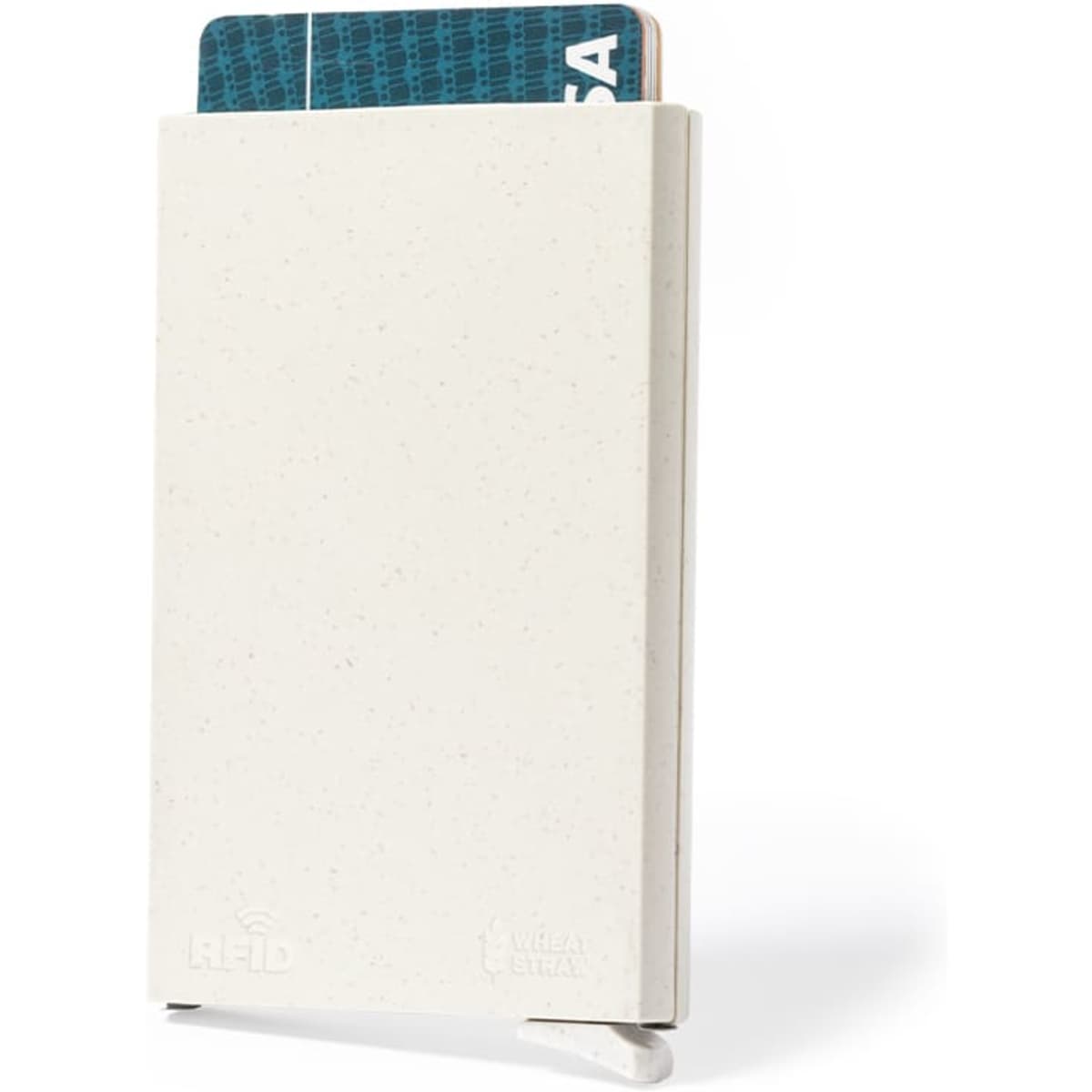 A light-coloured business card holder with a smooth finish, featuring a logo, and holding a card.