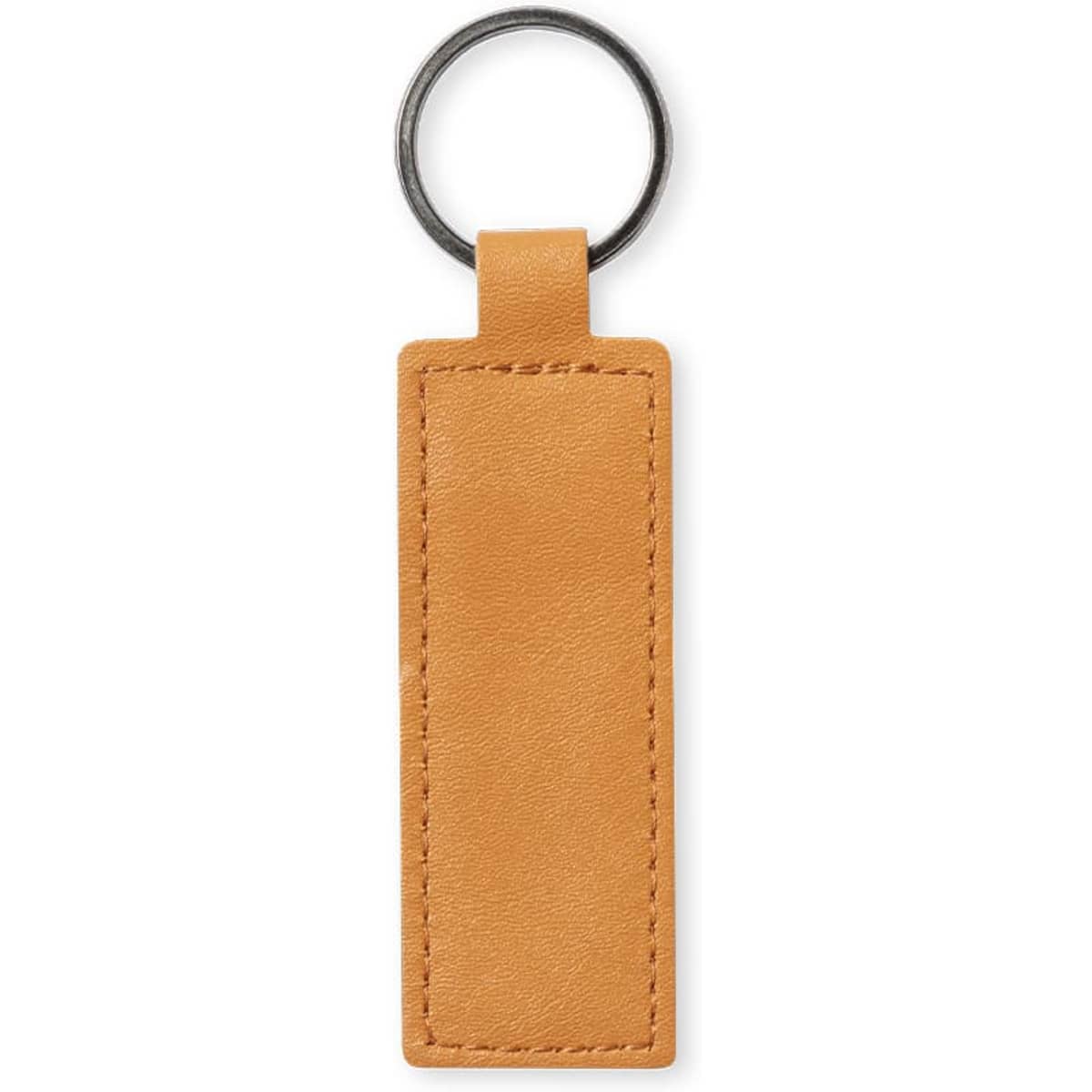 An orange leather keyring with a circular metal attachment. It has a simple, rectangular design.