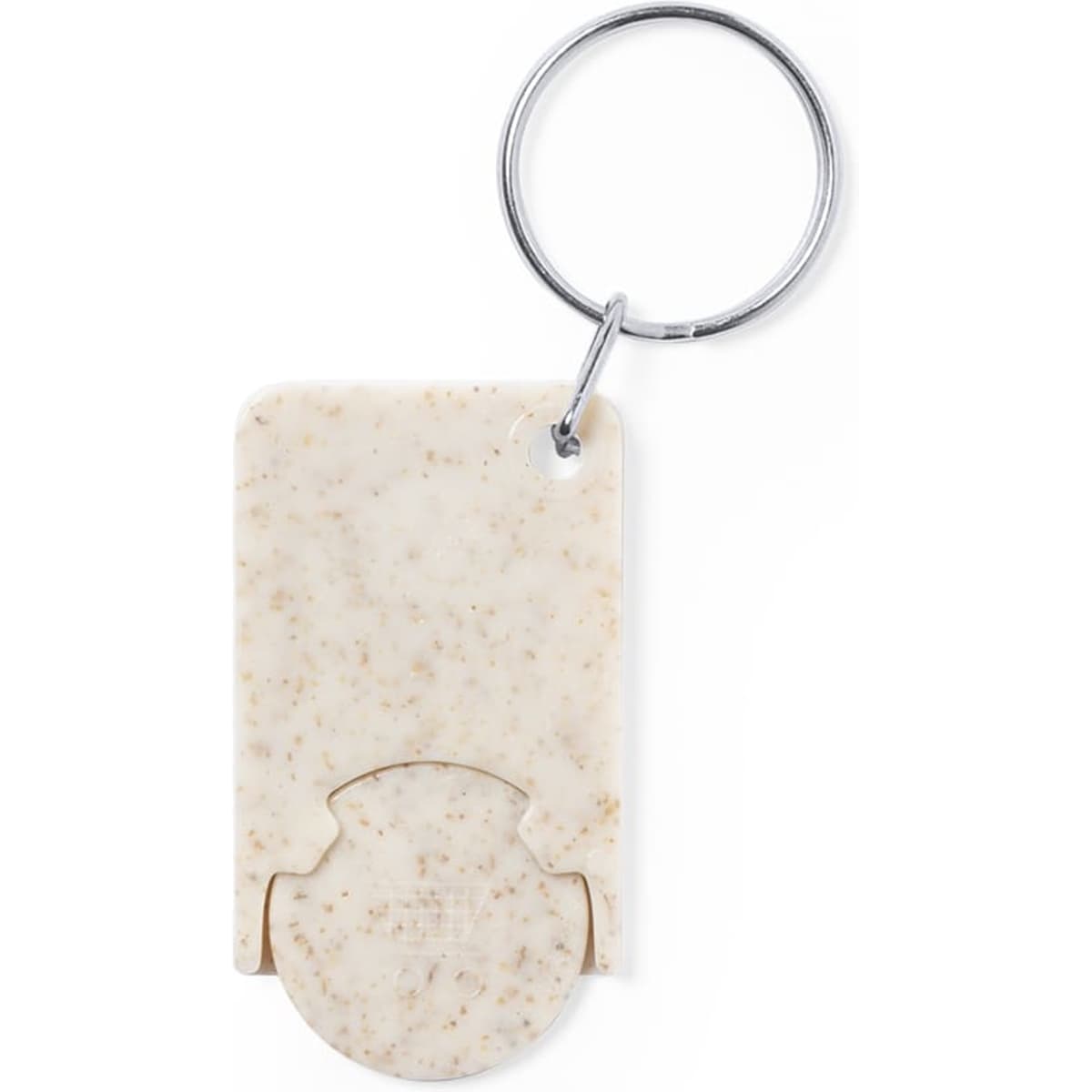 A beige keyring featuring a smooth, rectangular shape with a circular cut-out at the bottom and a metal ring.