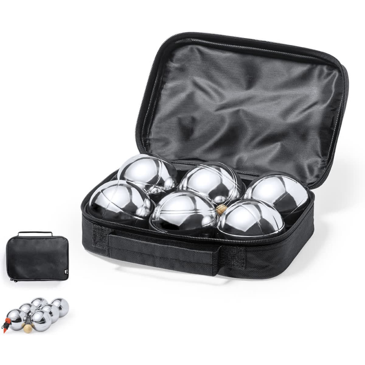 A black carry case containing six shiny metallic balls for a lawn game, featuring a sturdy zipper and handle.