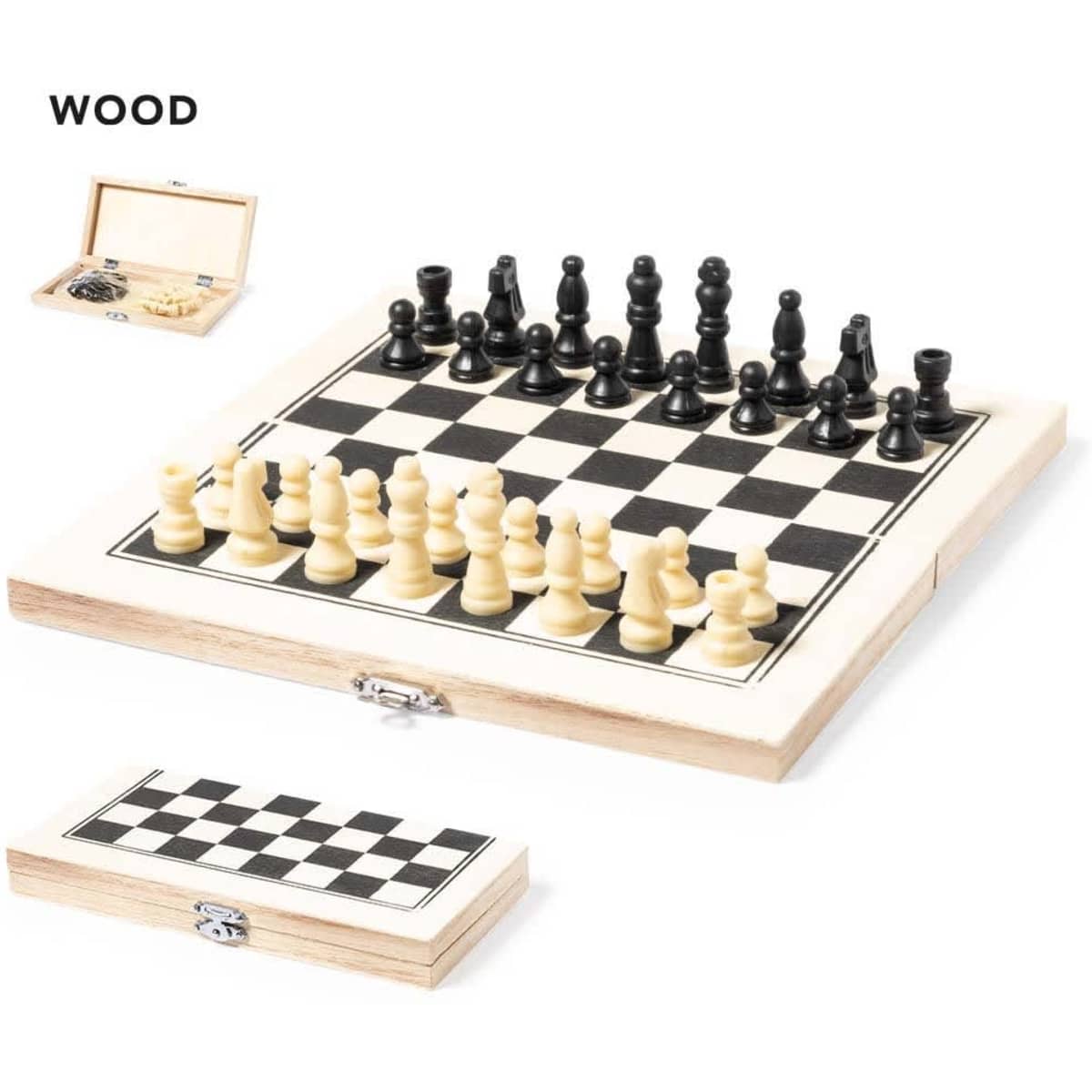 A wooden chess set featuring black and cream pieces on a checkered board, with a closed box displayed above.
