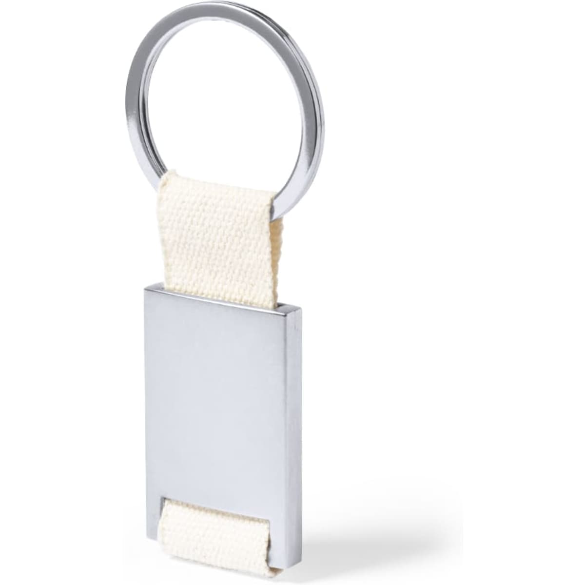 A silver keyring with a rectangular metal tag and a cream-coloured fabric strap.
