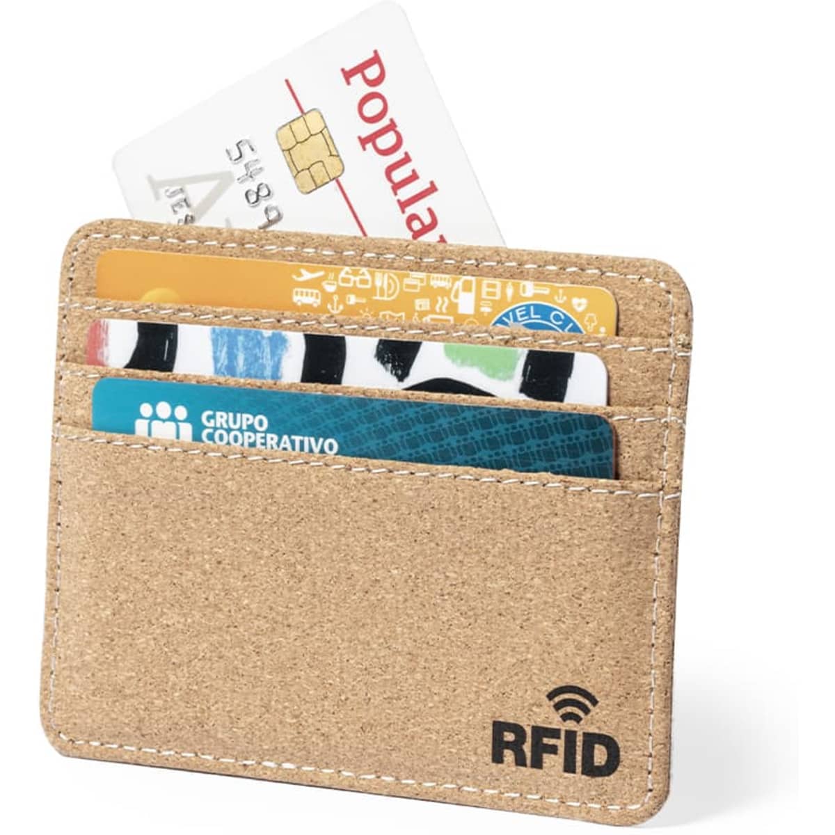 A tan card holder with multiple slots, featuring an RFID logo and a card partially visible.