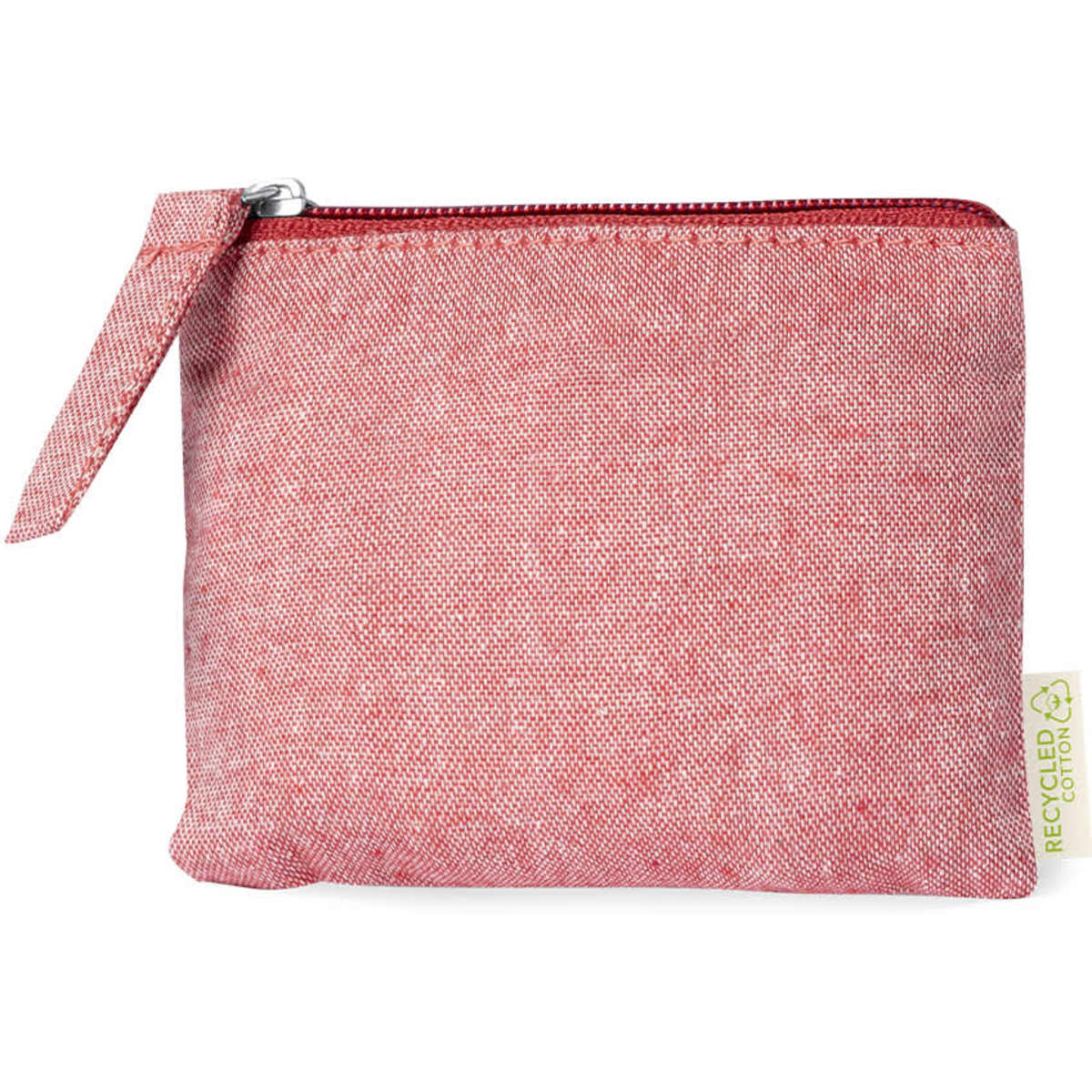 A red pouch with a zip closure and a small handle, made from recycled materials. Features a logo on the side.