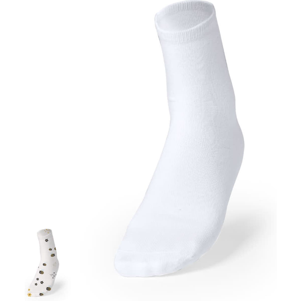 A white sock with a smooth texture, accompanied by a smaller patterned sock featuring dots in various colours.