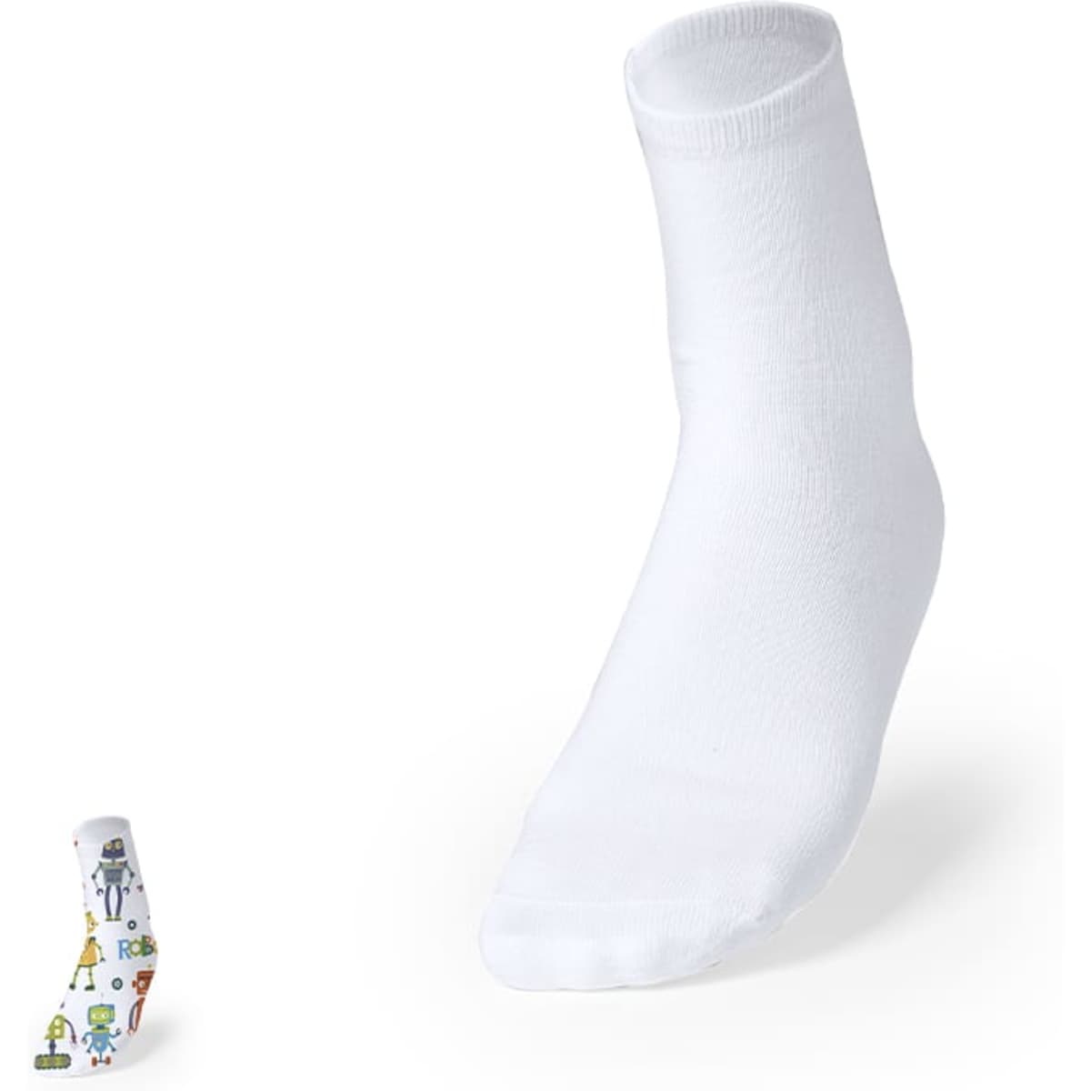 A pair of socks featuring a white crew sock and a design with colourful robots. Both socks are part of the Sakam Gift Set.