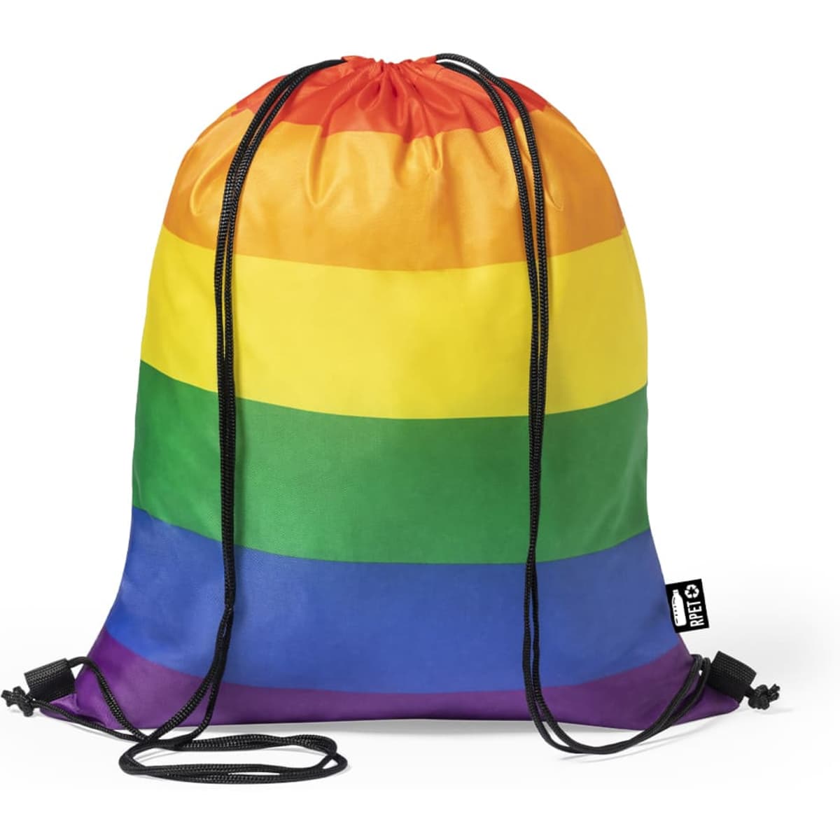 A drawstring bag features vibrant rainbow stripes in red, orange, yellow, green, blue, and purple. It has a logo.