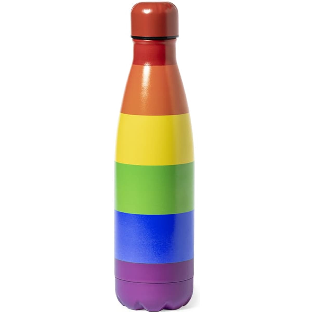 A drink bottle with a rainbow-striped design, featuring vibrant red, orange, yellow, green, blue, and purple colours.