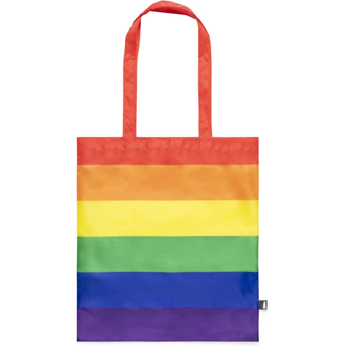 A reusable grocery bag featuring vibrant rainbow stripes with red handles and a logo.