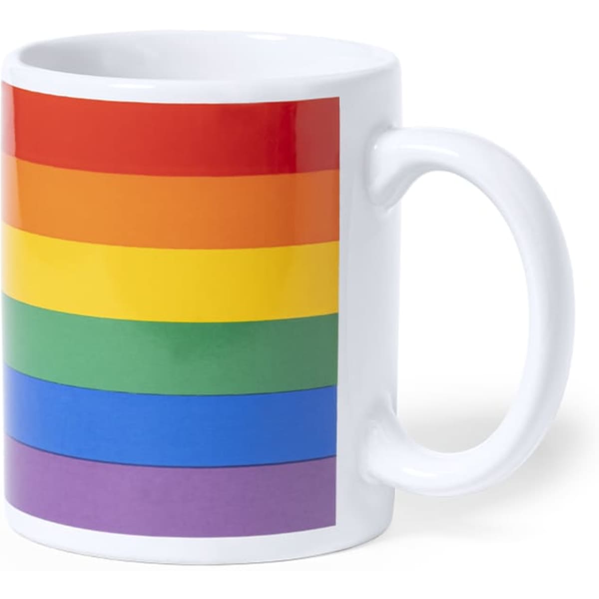 A coffee mug featuring a rainbow striped design with vibrant colours, including red, orange, yellow, green, blue, and purple.