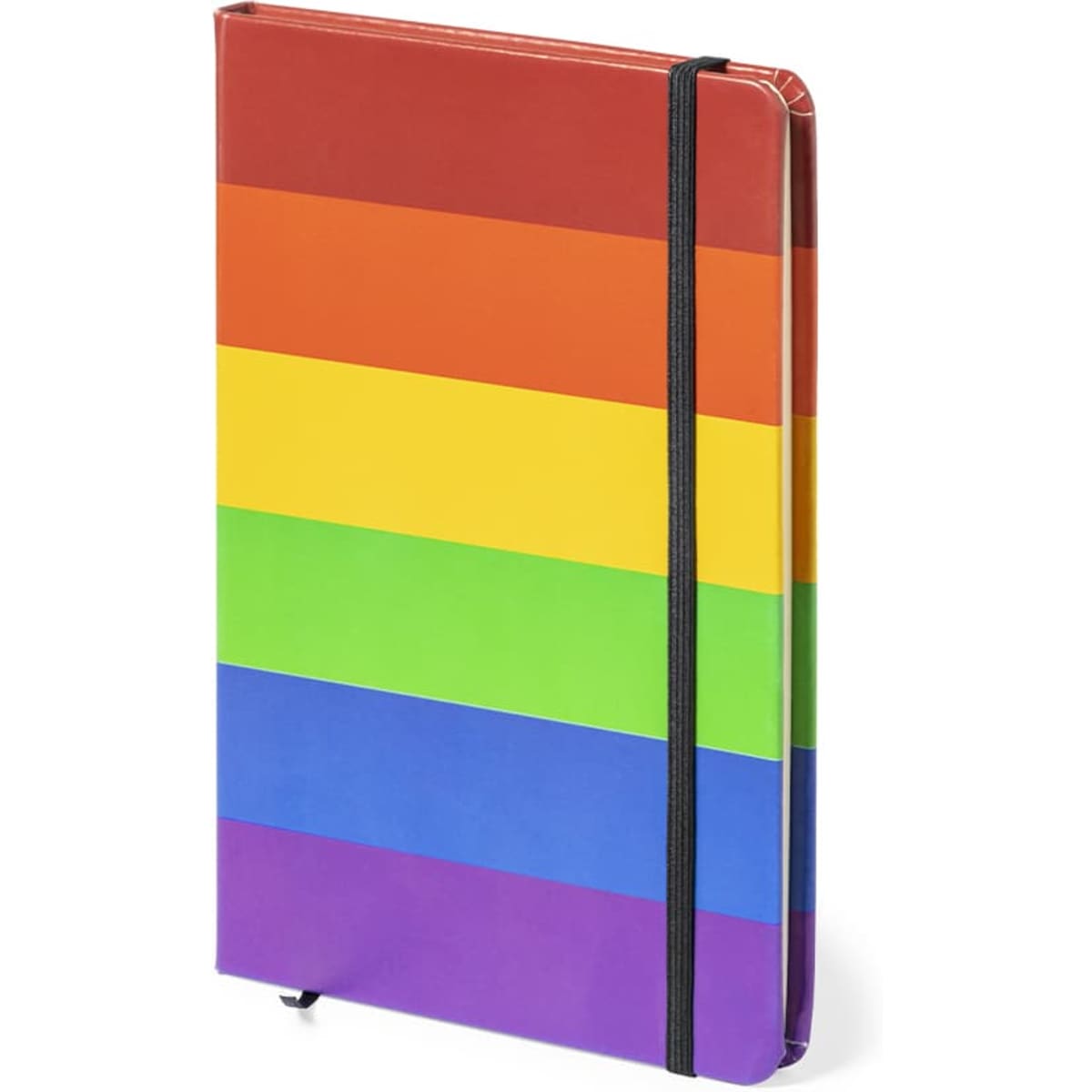 A rainbow-striped notebook featuring vibrant colours, secured with a black elastic band and a logo on the cover.
