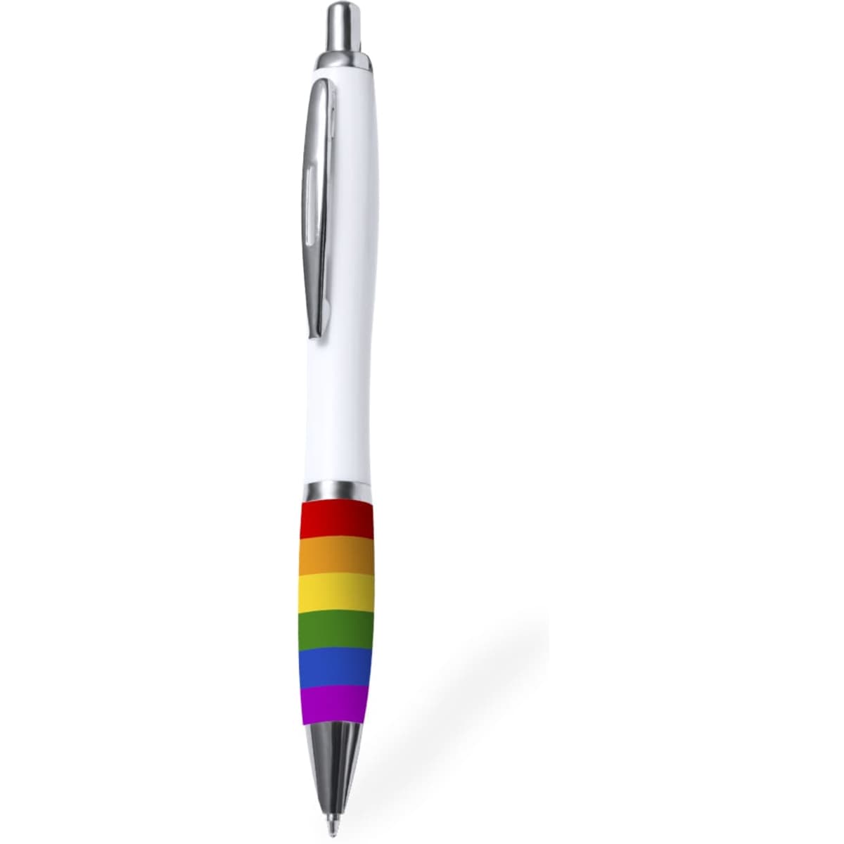 A pen with a white body and a rainbow-striped grip, featuring a silver clip. The pen has a logo on it.