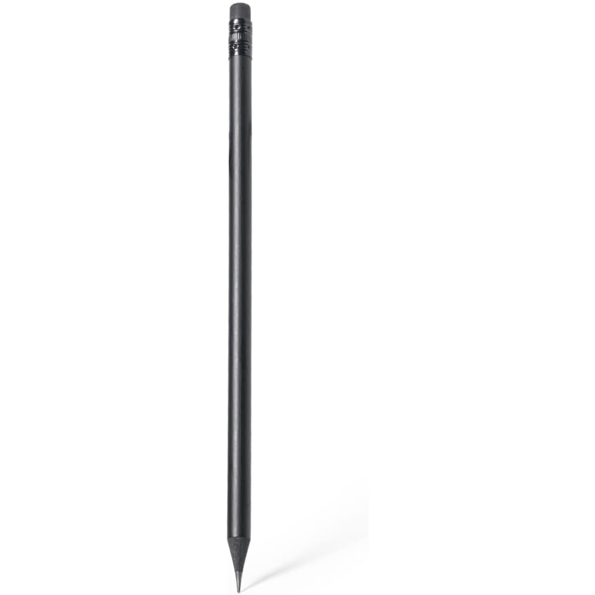 A grey-lead pencil in black, featuring a sleek design and a branding logo at the top.