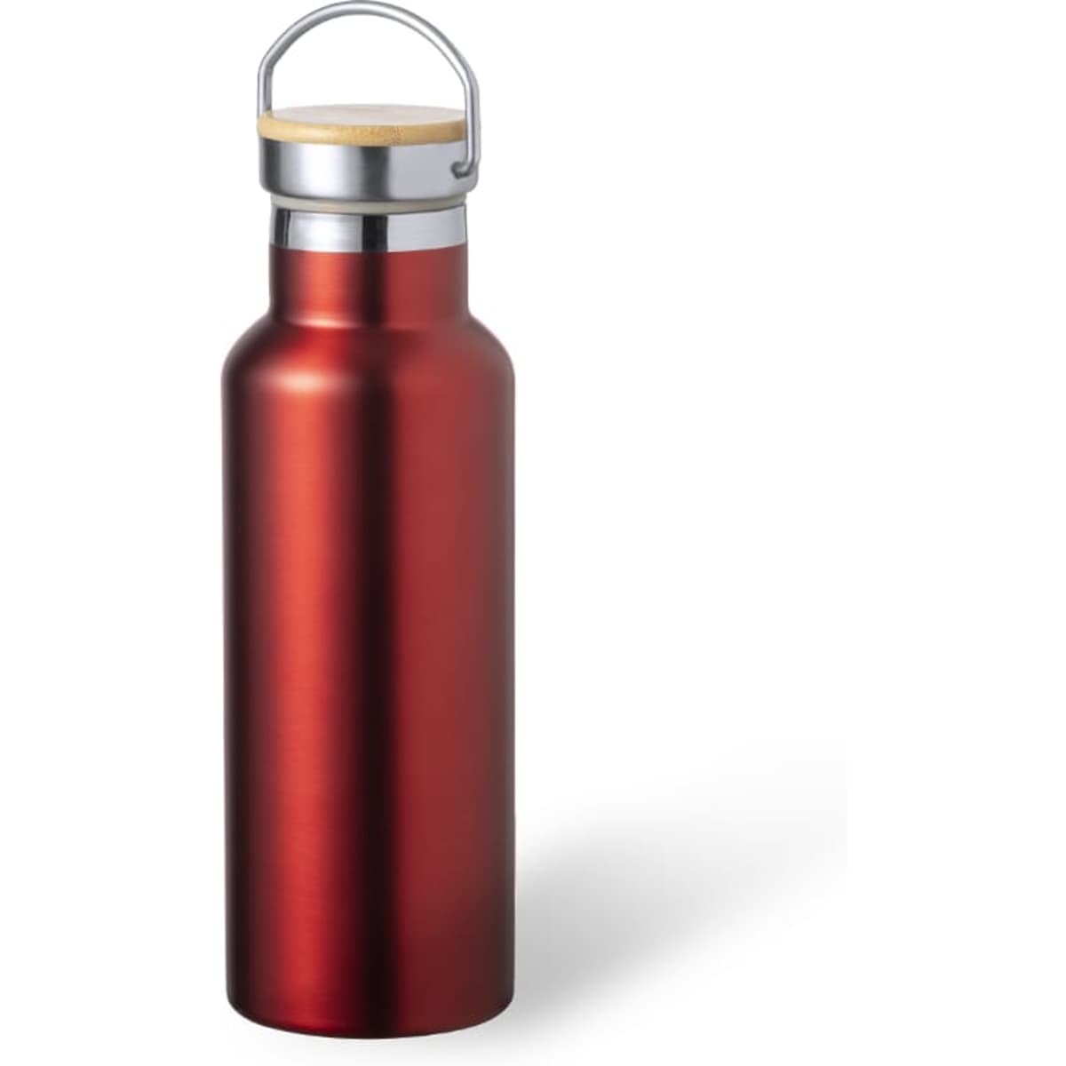 A drink bottle in a sleek, shiny red finish with a silver cap and wooden accent at the top. Features a logo.