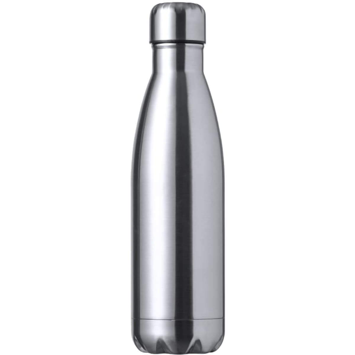 A stainless steel insulated drink bottle with a sleek, modern design and a round cap, featuring a logo.