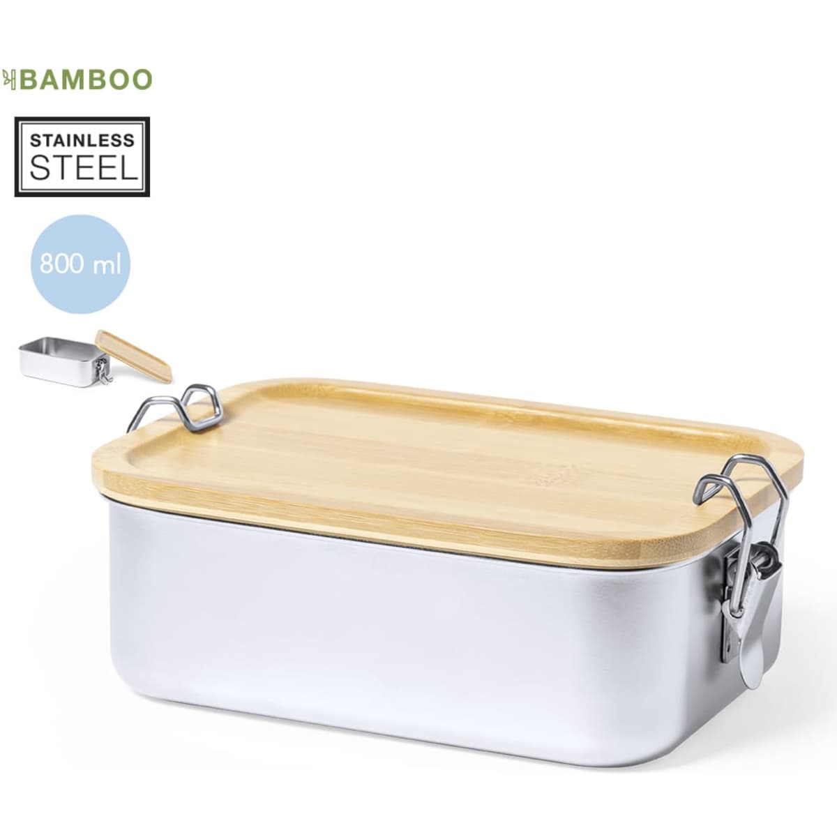 A stainless steel lunch box with a bamboo lid and metal clasps, showcasing a sleek design and spacious interior.