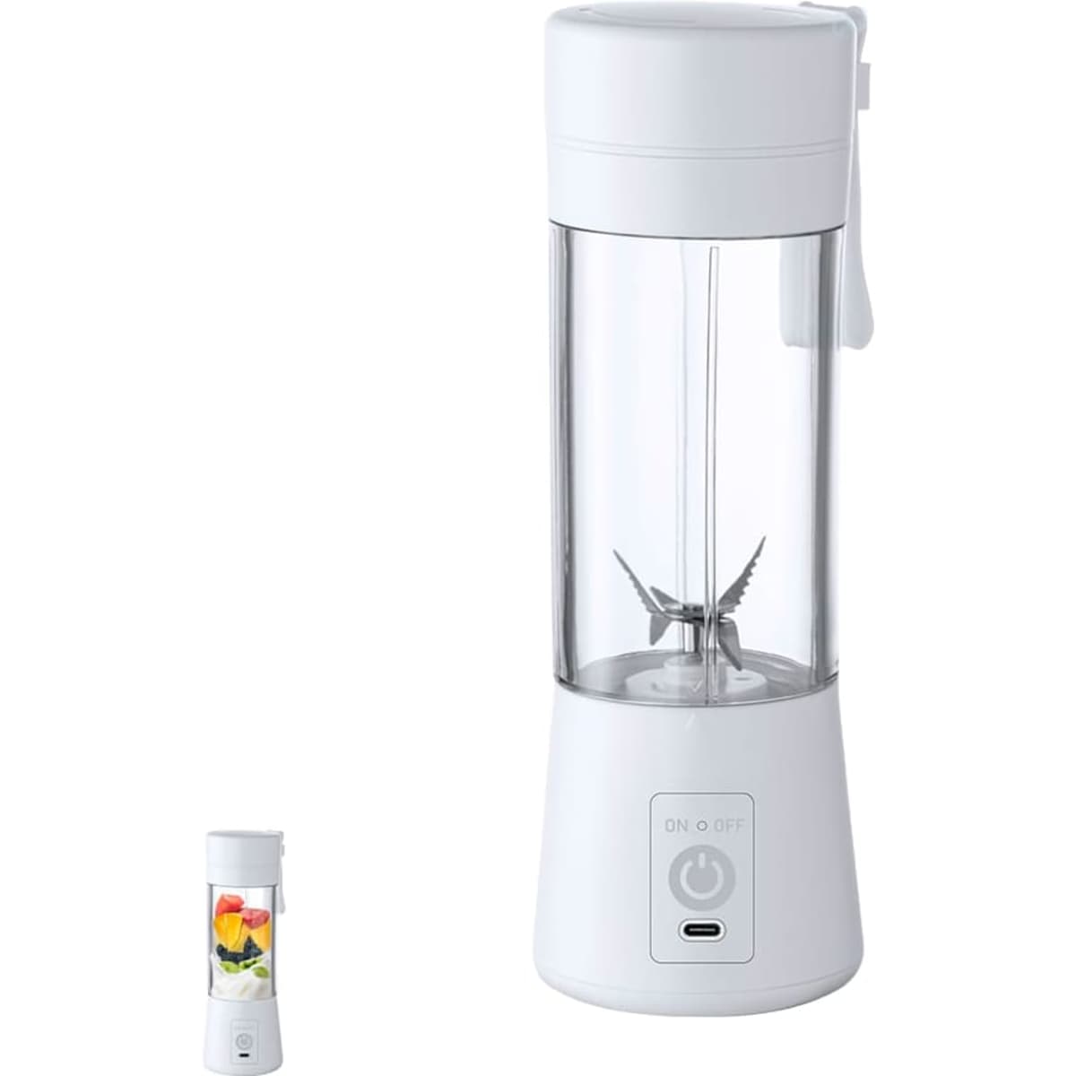 A white portable blender with a clear container and a blade inside, featuring a power button and a carrying strap.