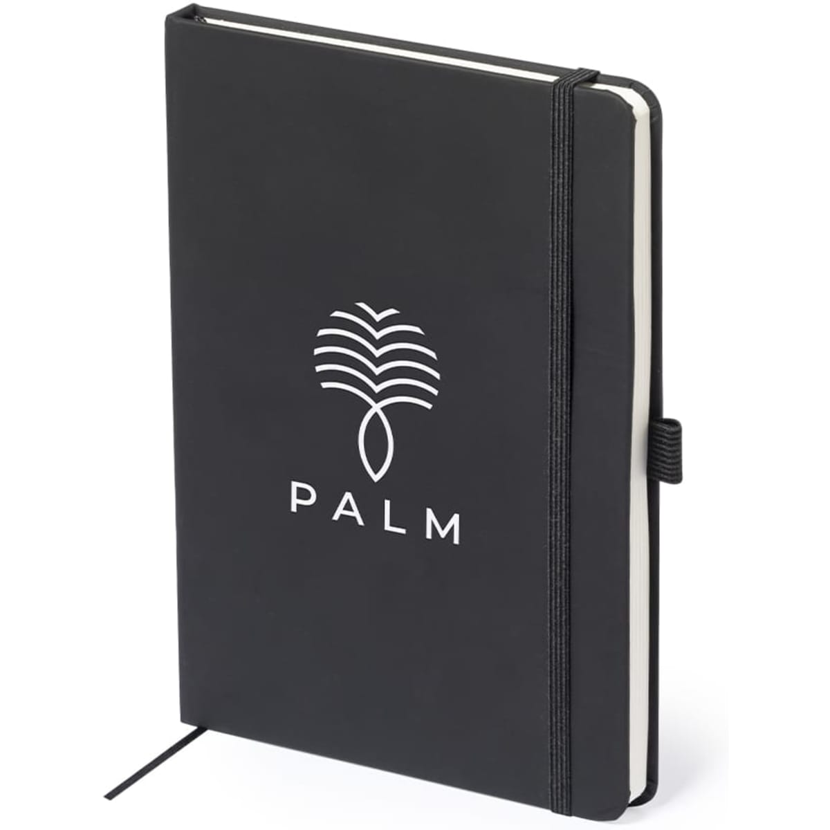 A black notebook with an elastic band, featuring a logo on the cover and a ribbon bookmark.