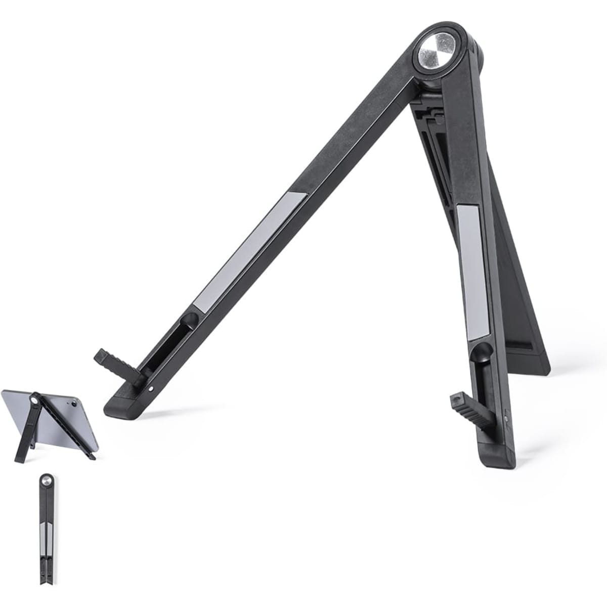 A black phone stand with an adjustable design, featuring a logo and a compact version displayed below.