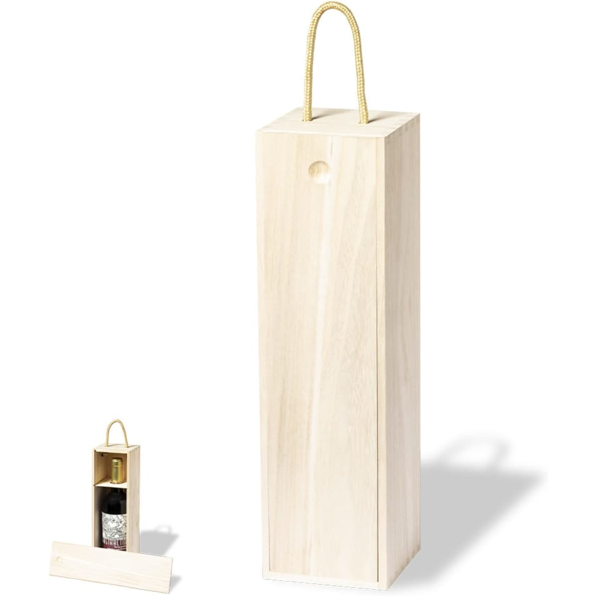 A wooden gift box with a gold handle, containing a drink bottle and a sliding lid. The box has a natural wood finish.