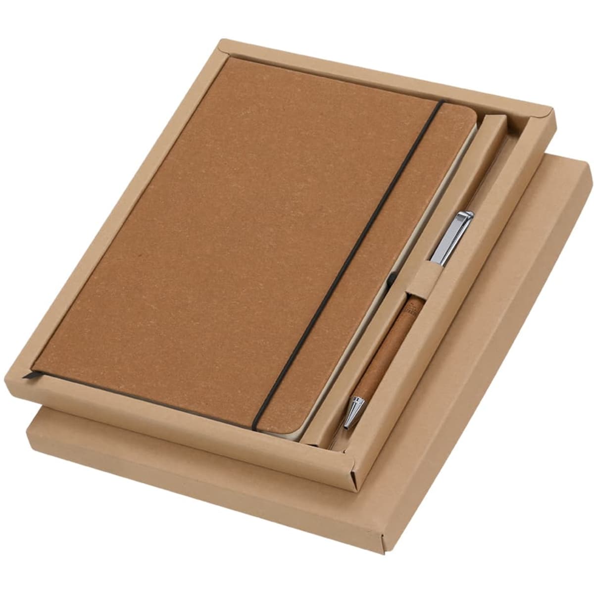 A brown notebook and pen set packaged in a sleek brown box, featuring a simple design with a logo.