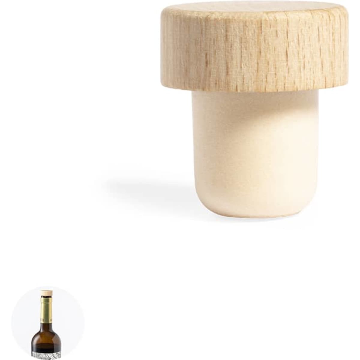 A drink bottle stopper with a wooden top and a smooth base. It has a minimalist design and a natural finish.