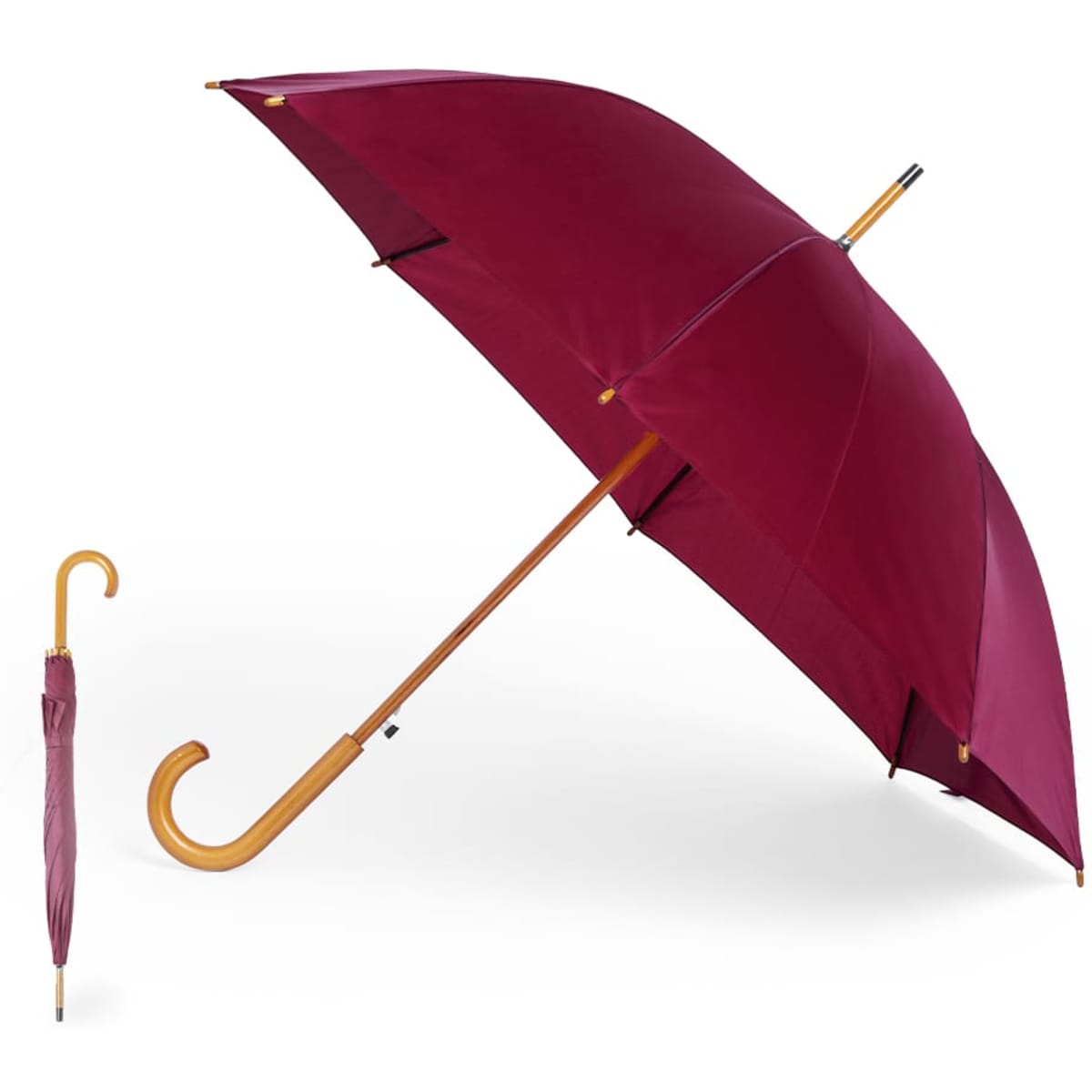 A burgundy umbrella with a wooden handle, alongside a compact version of the same umbrella.