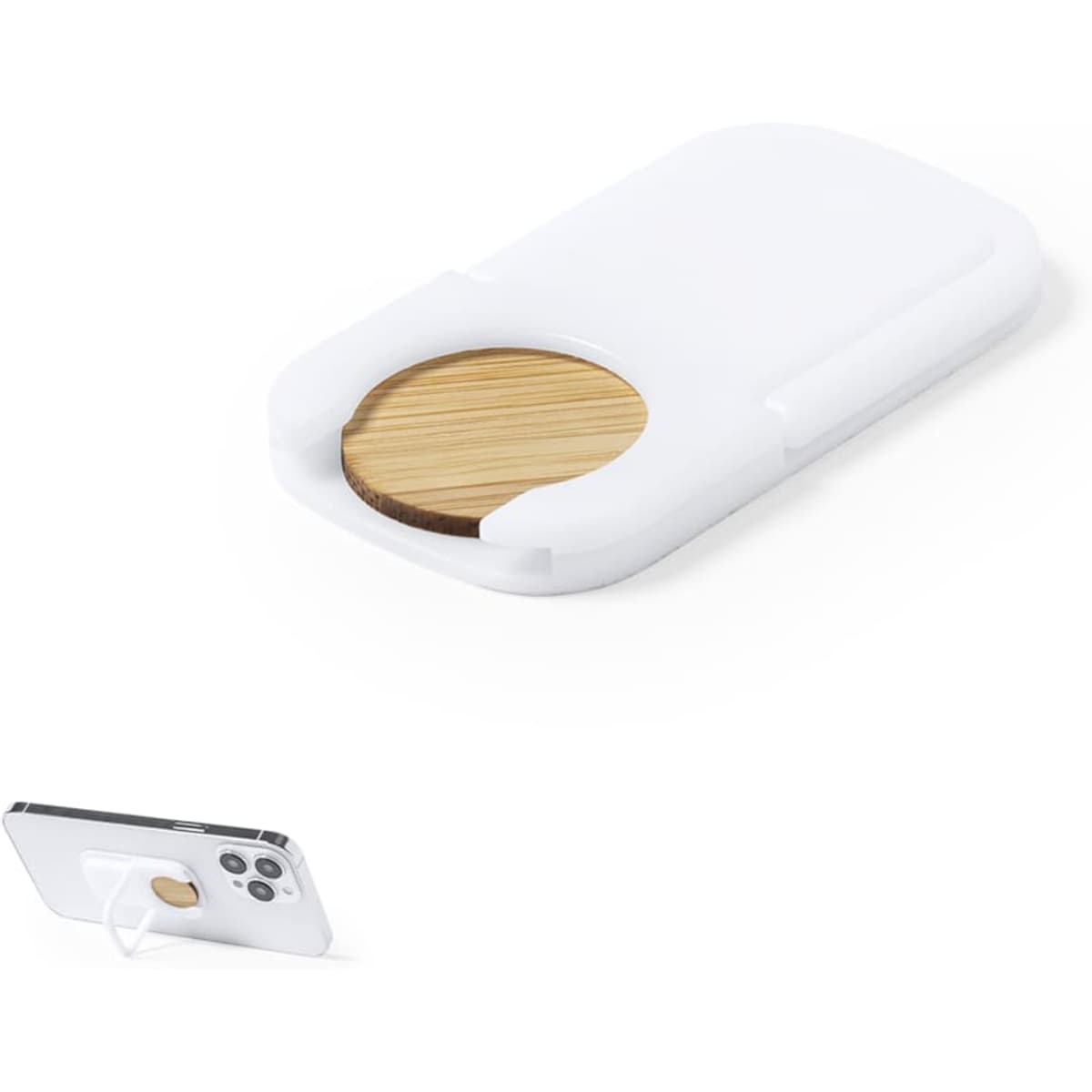 A white phone stand featuring a wooden circular accent, designed for holding mobile devices.